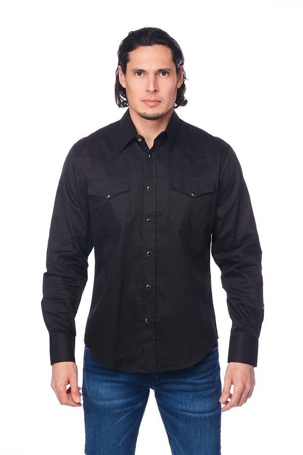 Rodeo Clothing - Men's Western Solid Twill Long Sleeves Snap Button Shirt, Color: Black, Size: S