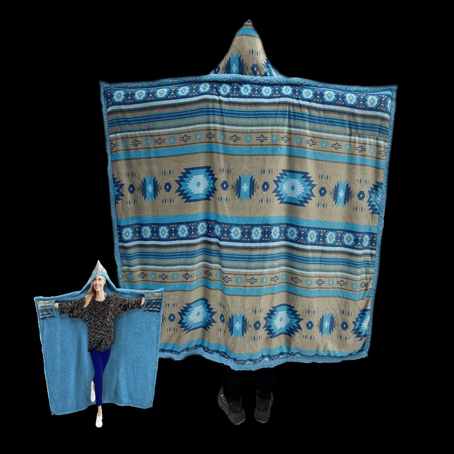 Southwestern Wearable Hooded Blanket, Color: Turquoise