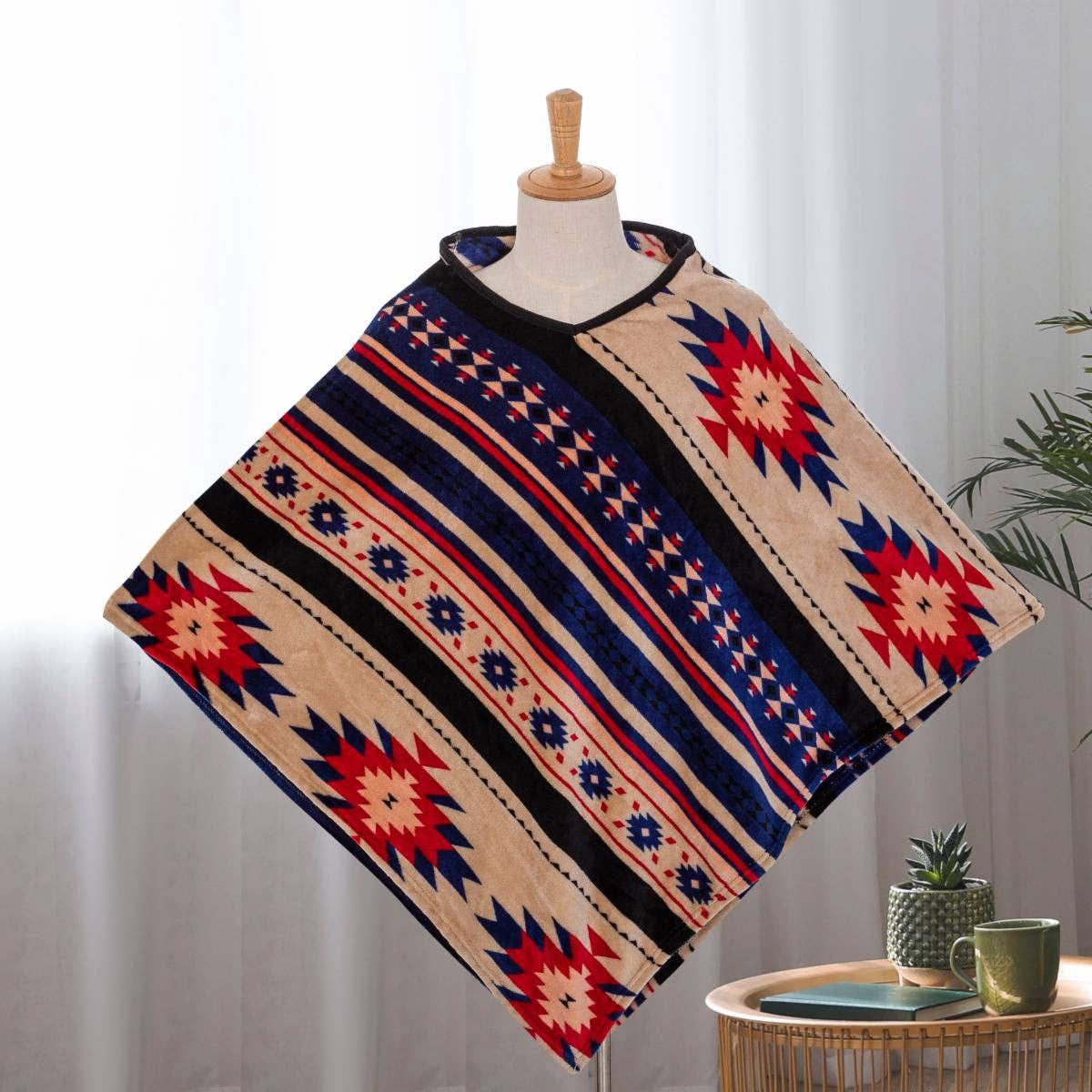 Southwest Aztec Diamond Cut Poncho, Color: Blue Beige, Size: Large 38"x38"