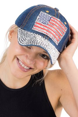 American Flag Bling Patch Denim Baseball Cap
