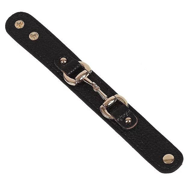 Leather w/Gold Tone Snaffle Bit Bracelet, Color: BLK