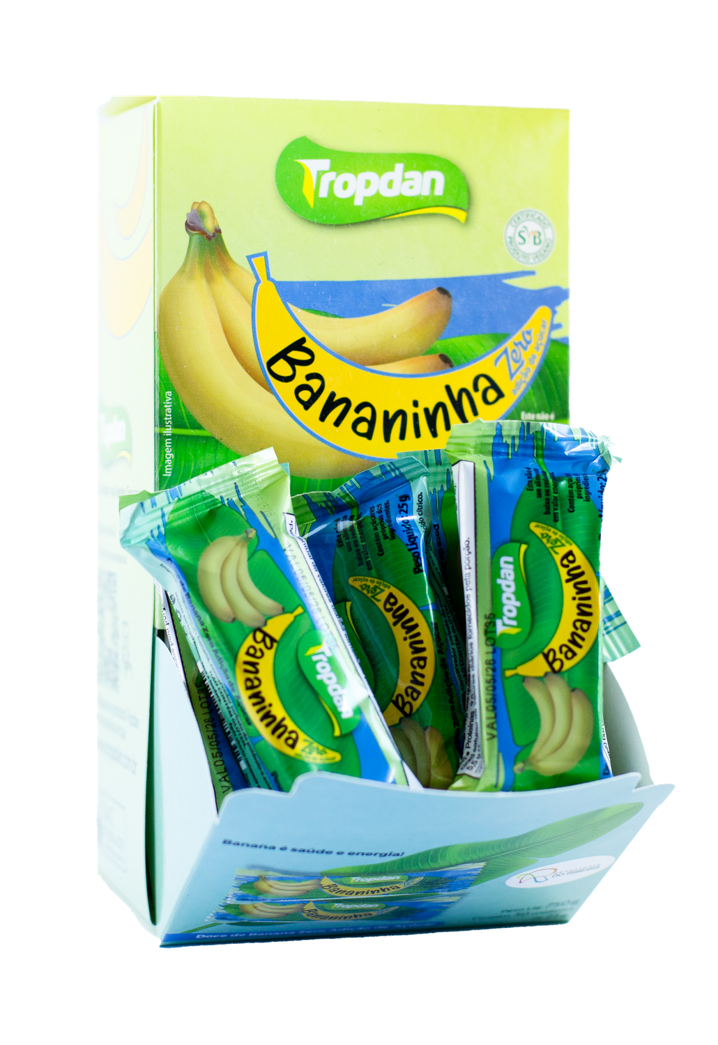 Caja con 30 barritas de plátano sin azúcar (25 g cada una) que contiene 2 expositores.