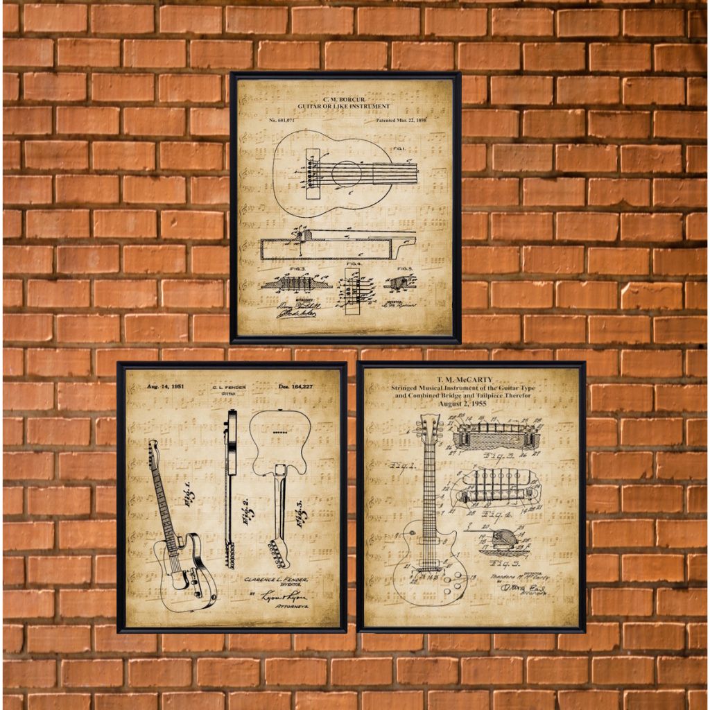 Printable Set of 3  Guitars Patent Artwork - Gift for Guitarist