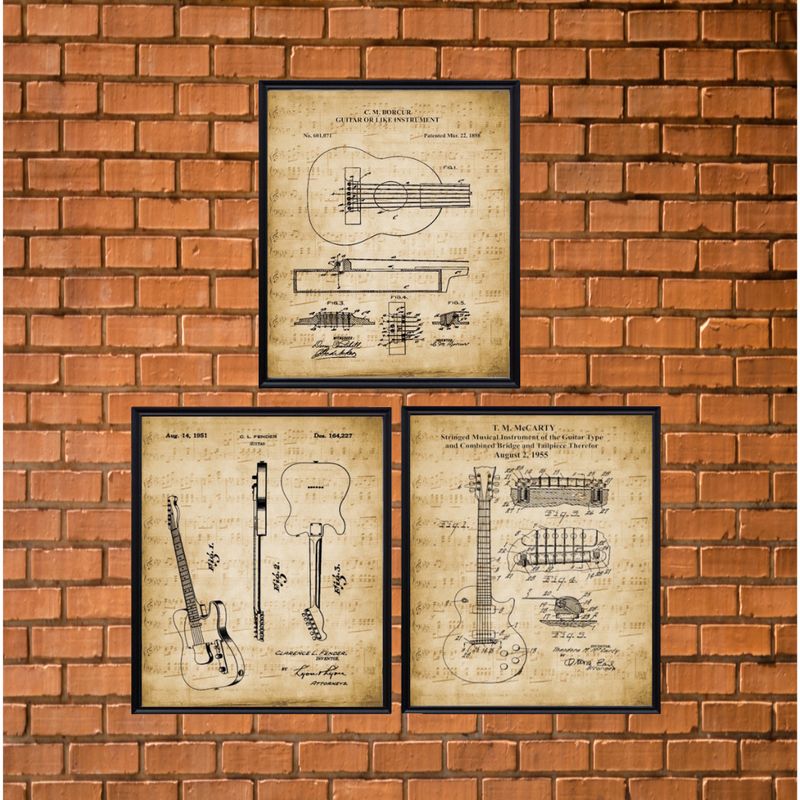 Printable Set of 3  Guitars Patent Artwork - Gift for Guitarist
