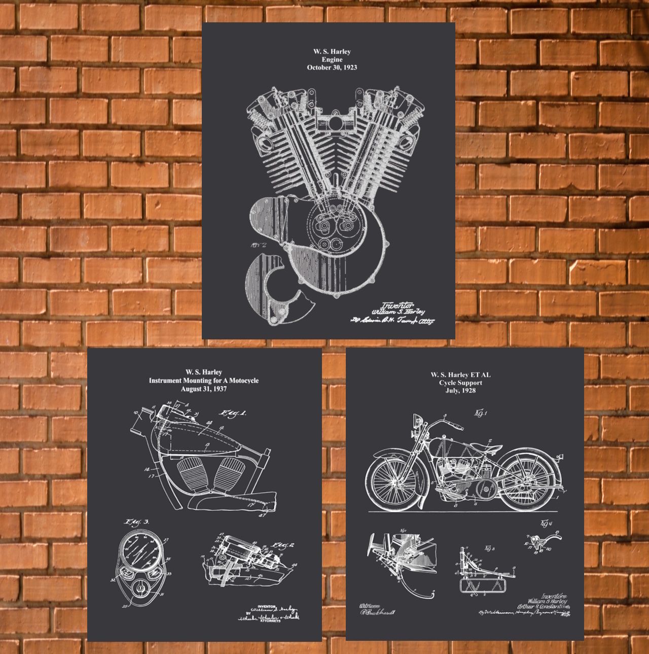 Harley Patent Prints Set of 3 – Blackboard Motorcycle Patent Wall Art - US Shipping Included