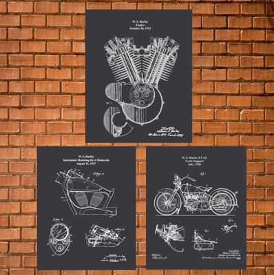 Harley Patent Prints Set of 3 – Blackboard Motorcycle Patent Wall Art - US Shipping Included