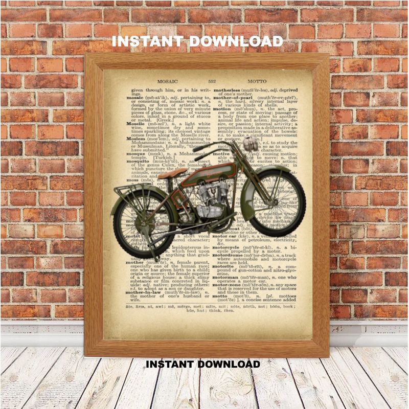 Printable  Motorcycle Art a Vintage 1919 Harley Davidson Motorcycle Print on Antique Dictionary Page | Letter "M" for Motorcycle | Unique Motorcycle Wall Decor | Gift for Bikers