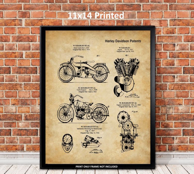 Harley Curated Collection Patent -Aged Paper -  A Curated Print with 5 Vintage Patents  Motorcycle Poster Size 11x14 Printed -  US SHIPPING INCLUDED