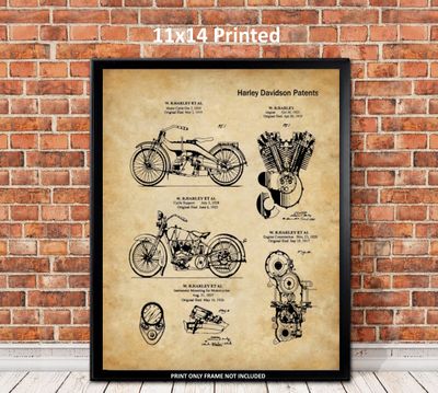 Harley Curated Collection Patent -Aged Paper -  A Curated Print with 5 Vintage Patents  Motorcycle Poster Size 11x14 Printed -  US SHIPPING INCLUDED