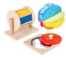 Mirror Peekaboo Knob Puzzle, Medium Spinning Drum, and Rainbow Fabric Ball Kit Toys