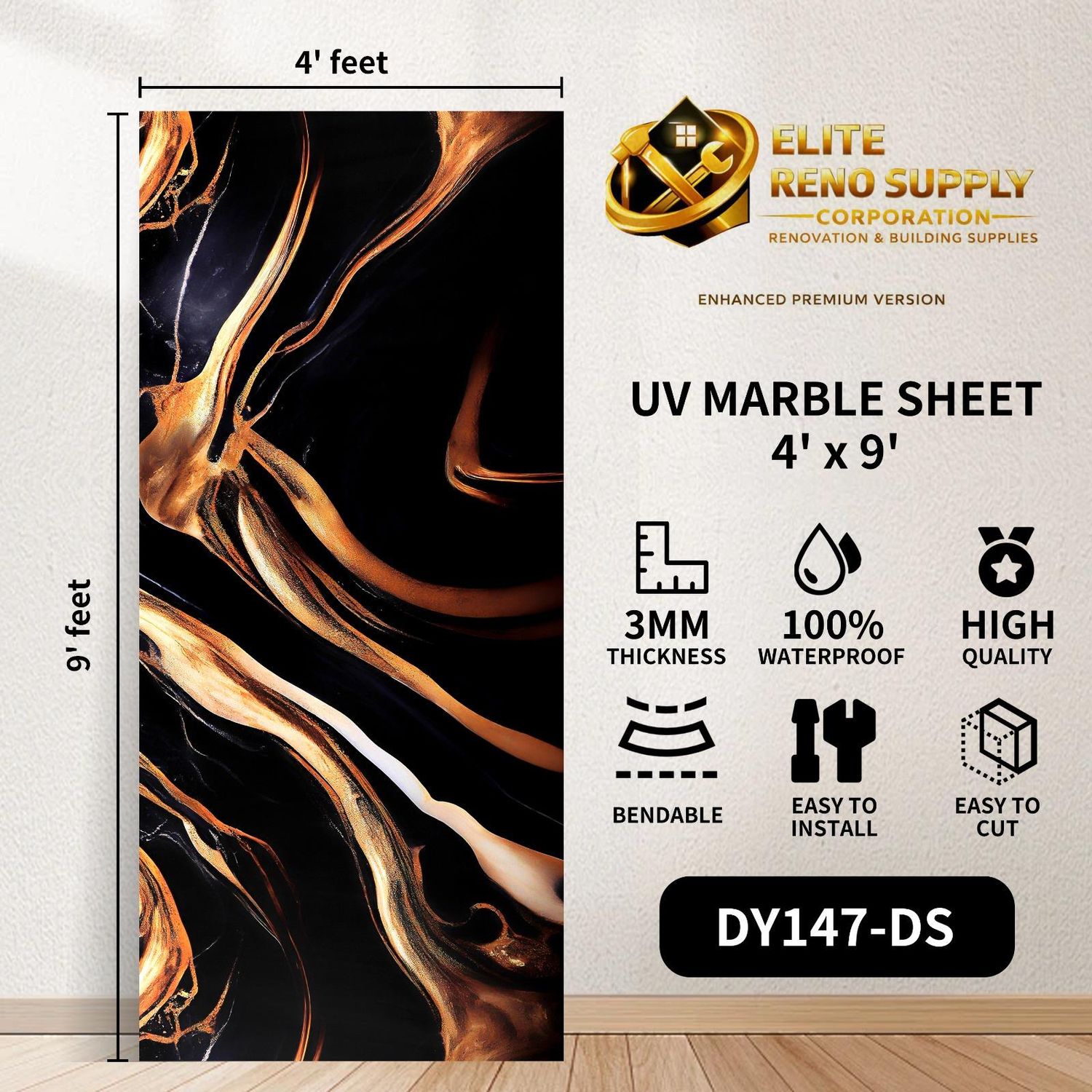 UV MARBLE SHEET - BLACK GOLD FLOW