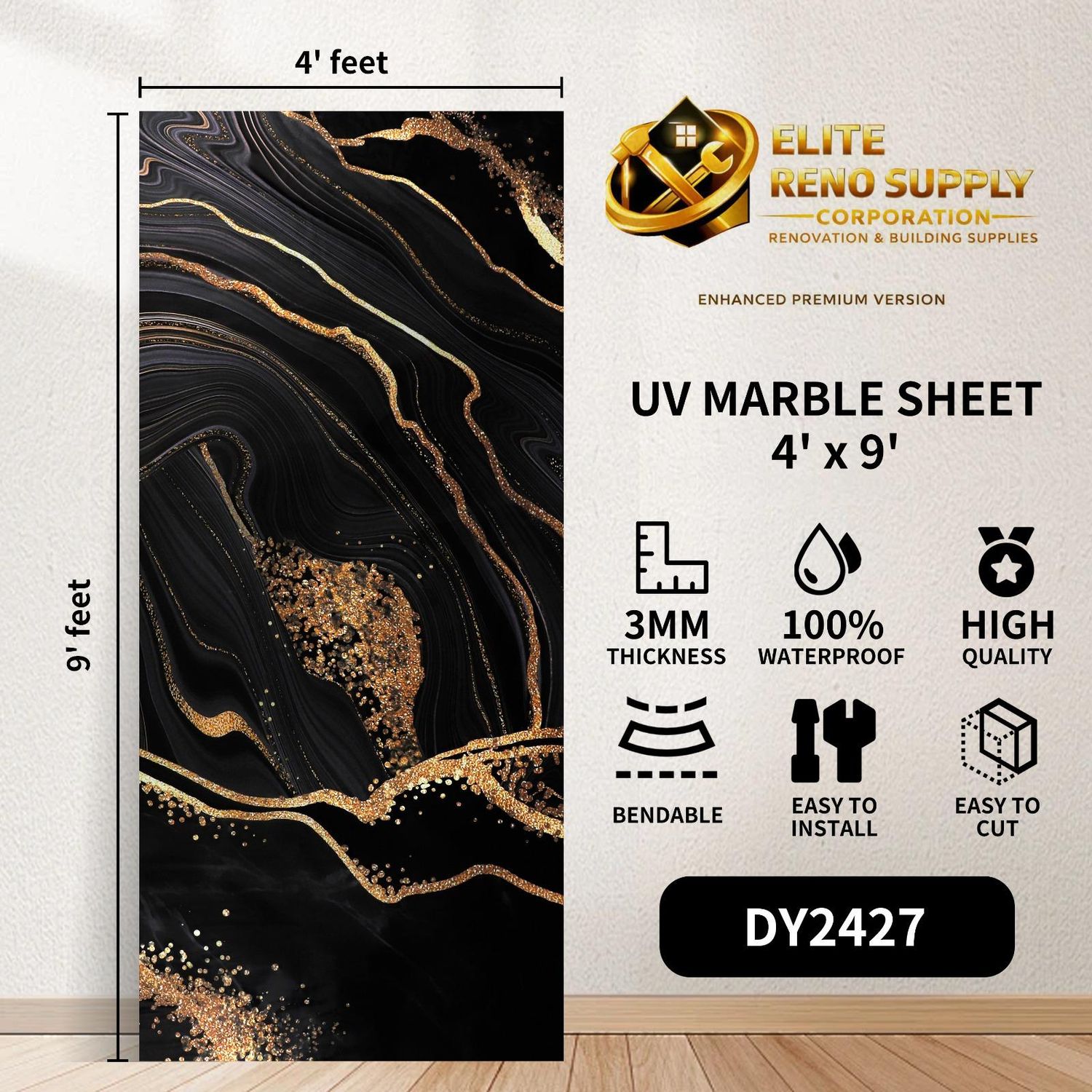 UV MARBLE SHEET - BLACK GOLD VEIN