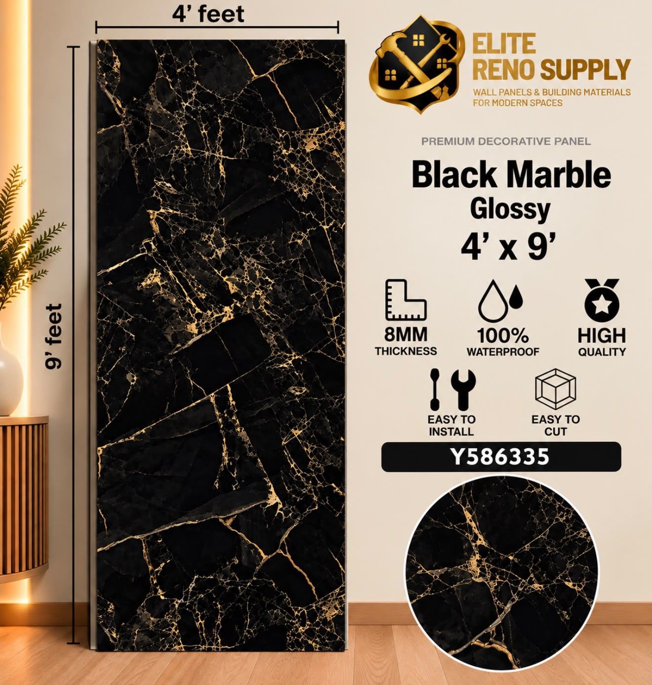 FLAT WPC WALL PANEL - BLACK GLOSSY MARBLE