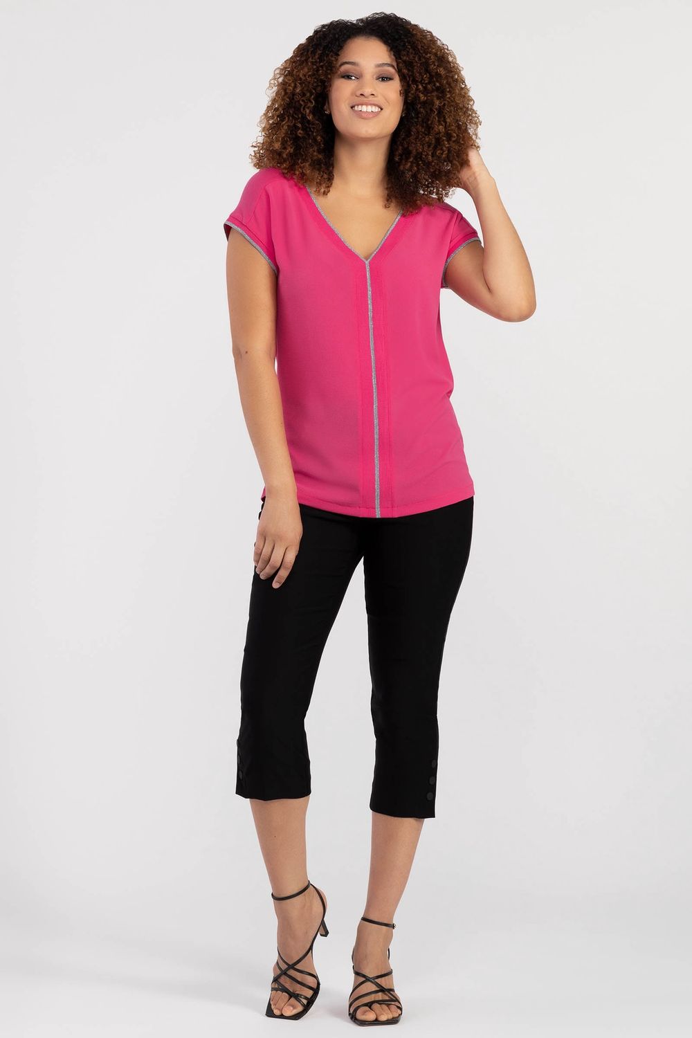 Cap Sleeve V-Neck Top w/Knit Back