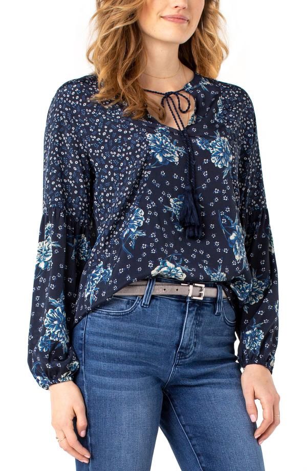 Print Blocked Tie Front Shirred Blouse