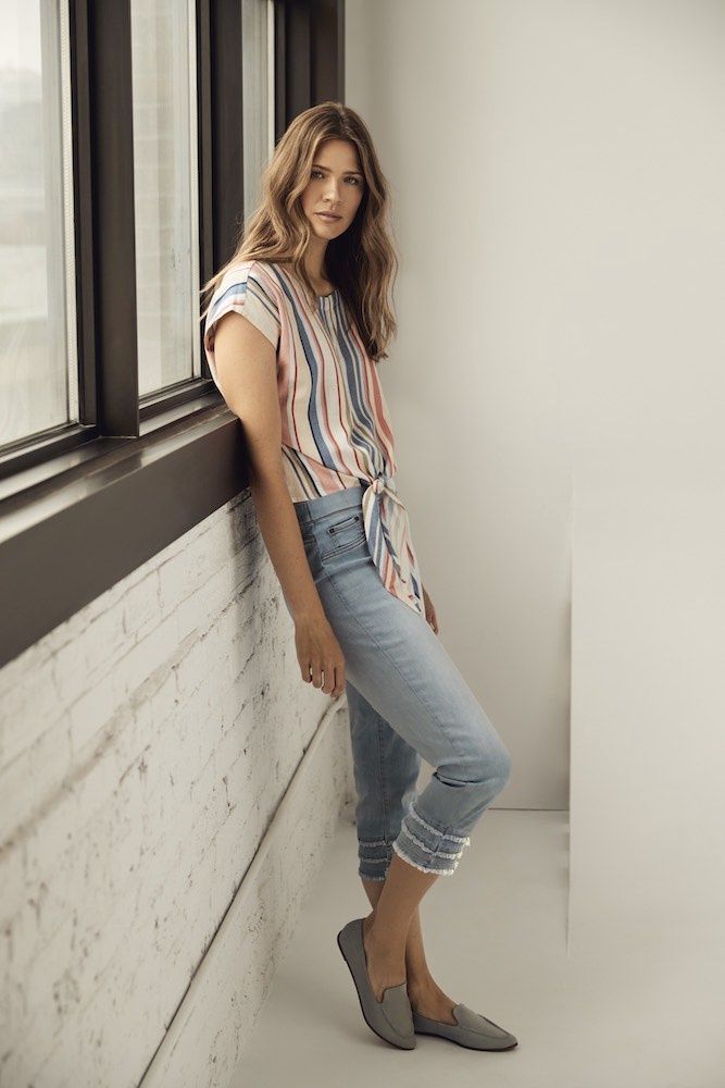 Stretch Denim Capri with Frayed Hem