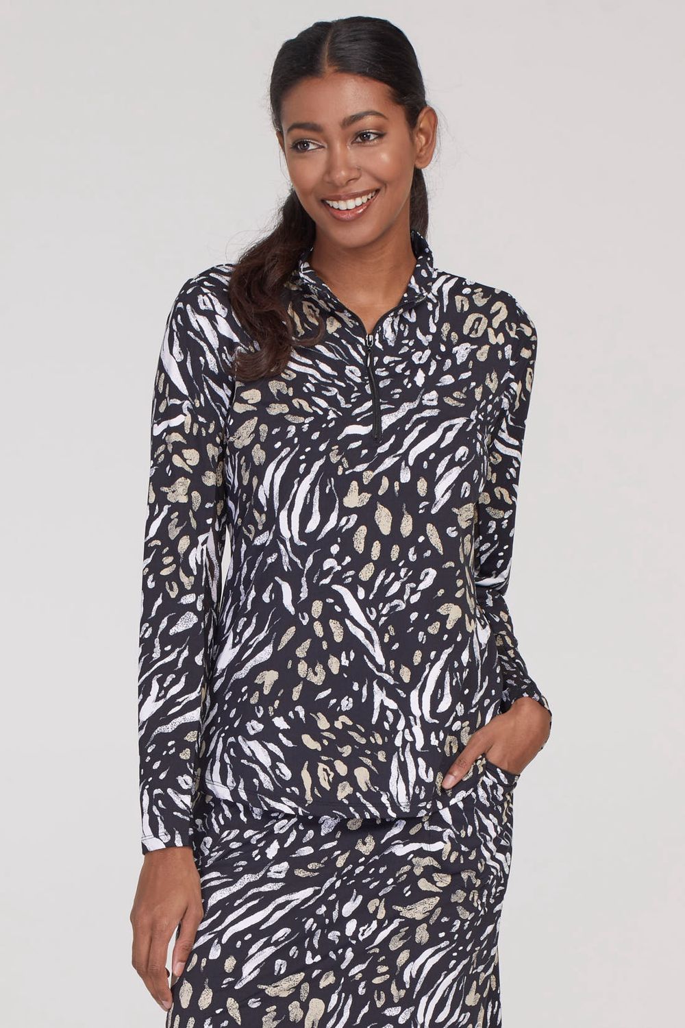 Long Sleeve Mock Neck Printed Top