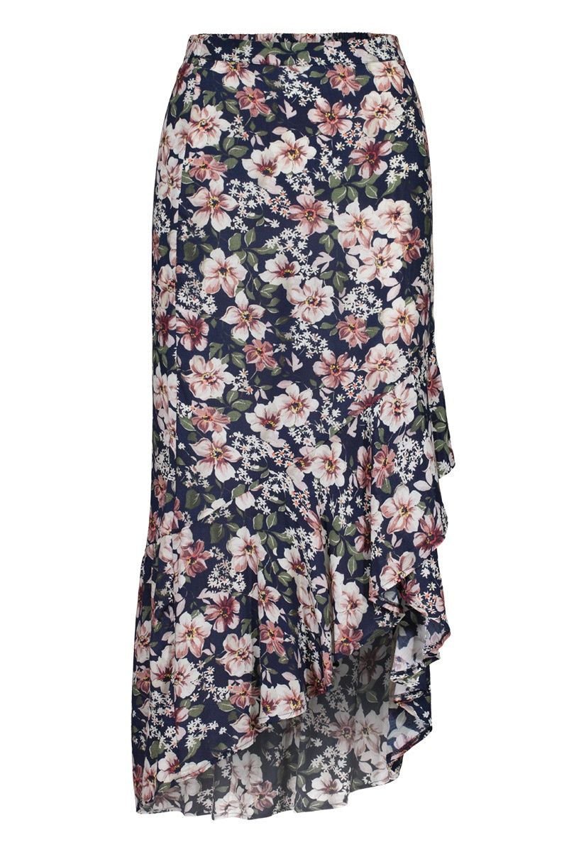 High-Low Floral Skirt with Ruffles