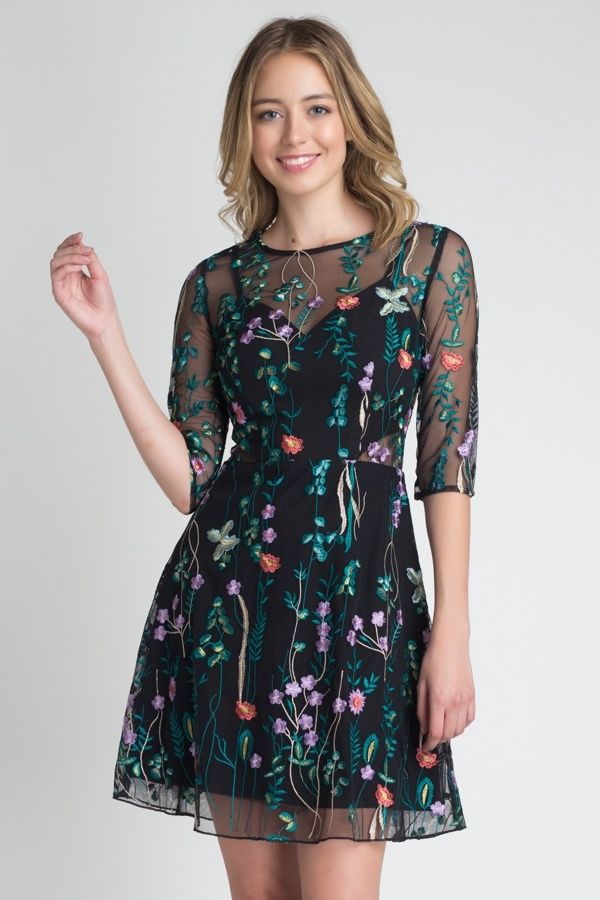 Floral Mesh Laced Dress with 3/4 Sleeves