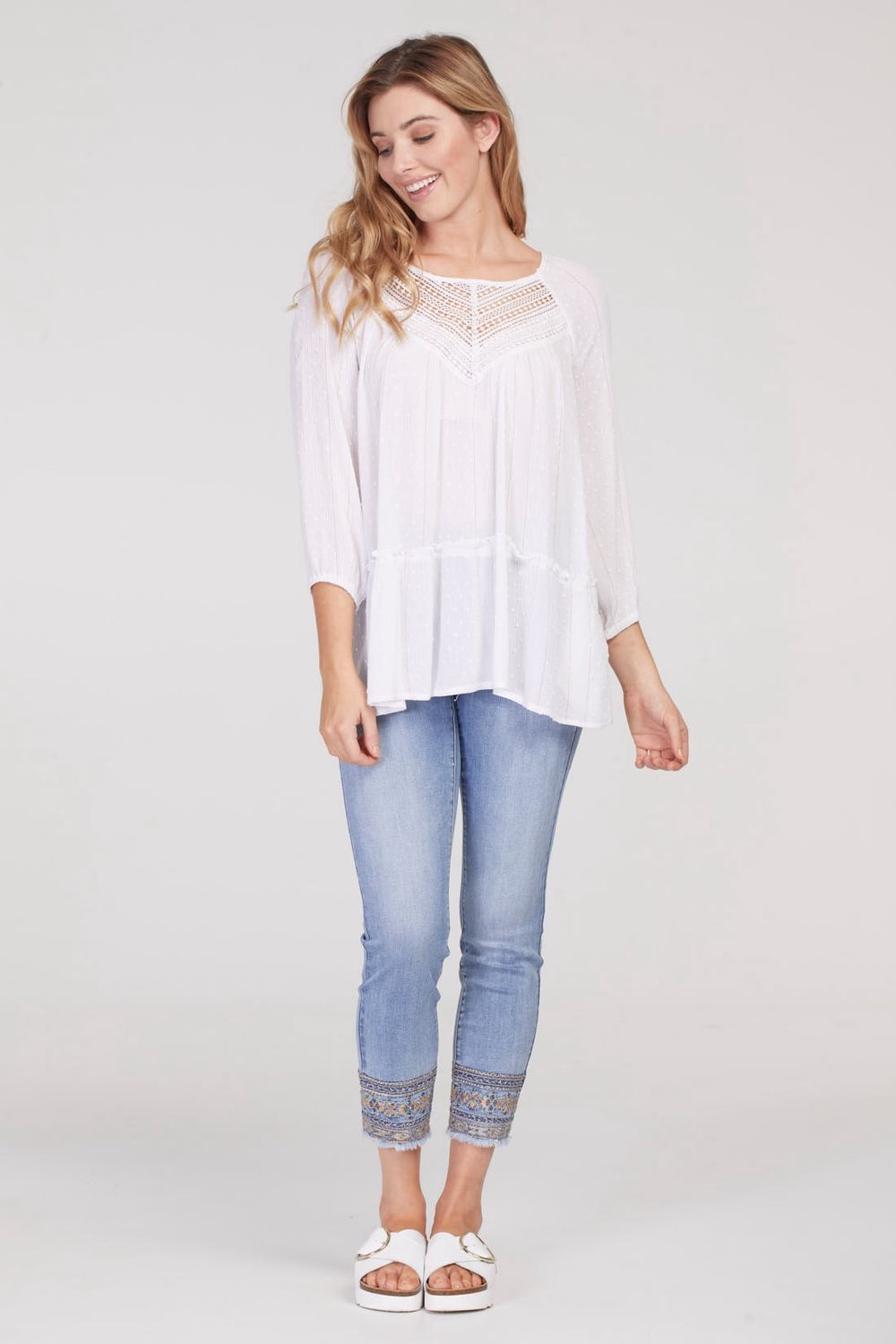 3/4 Sleeve Boho Blouse with Lace Yoke