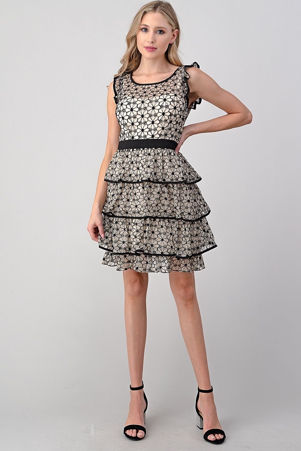 Layered Ruffled Lace Flower Print Dress