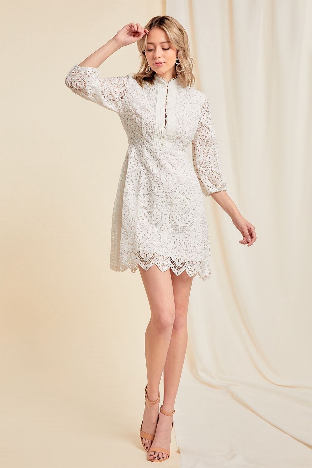 Elegant Embroidery Lace Ruffles V-neck 3/4 Sleeves High Collar Mini Dress