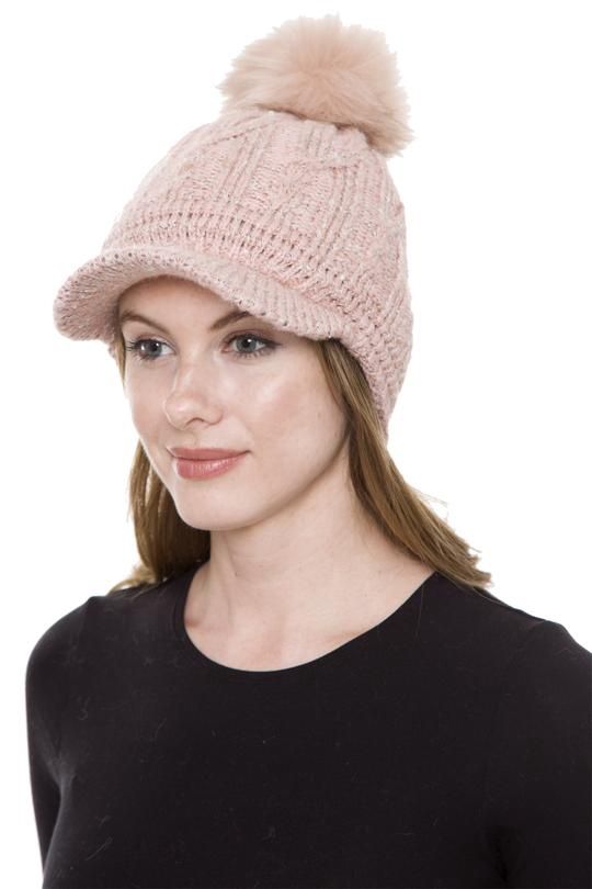 SPECKLED KNITTED HAT W/ FAUX FUR POM-POM &amp; SHERPA LINING