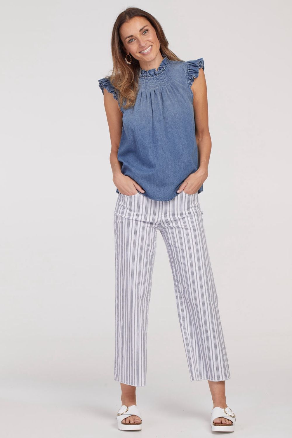 Audrey 5 Pocket Wide Leg Striped Cropped Pants