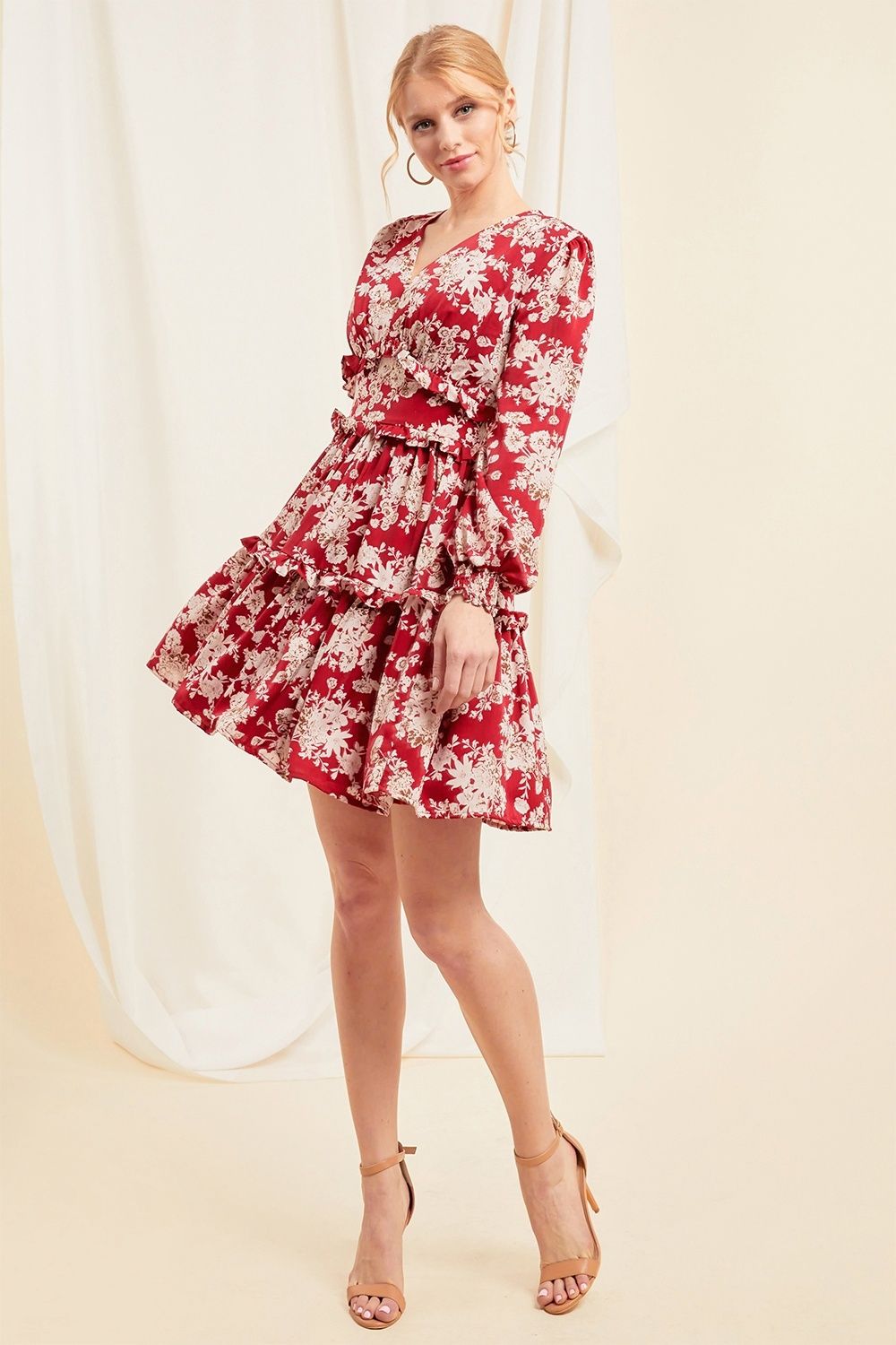 Floral Dress Long Sleeve Empire Waist Layered Ruffle Short Dress