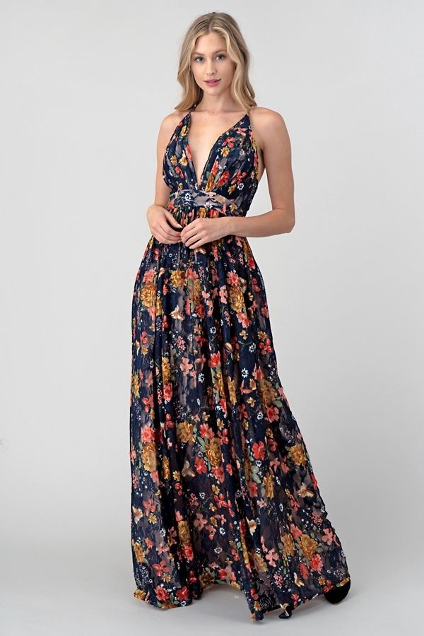 Navy Floral Deep V-Neck Dress w/ Criss Cross Back