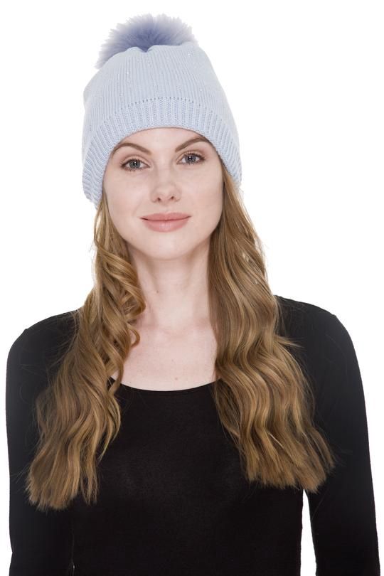 RHINESTONE STUDDED KNITTED BEANIE W/ FAUX FUR POM-POM &amp; SHERPA LINING