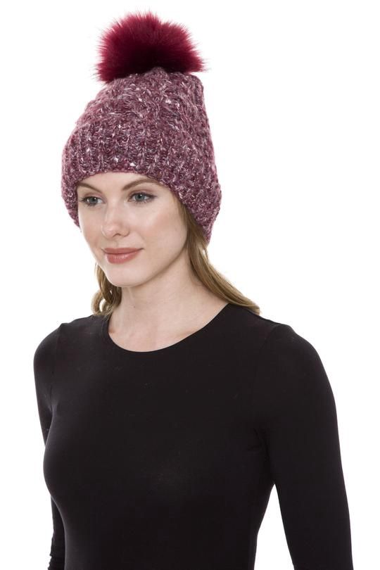 SPECKLED RIBBED KNITTED BEANIE W/ FAUX FUR POM-POM &amp; SHERPA LINING