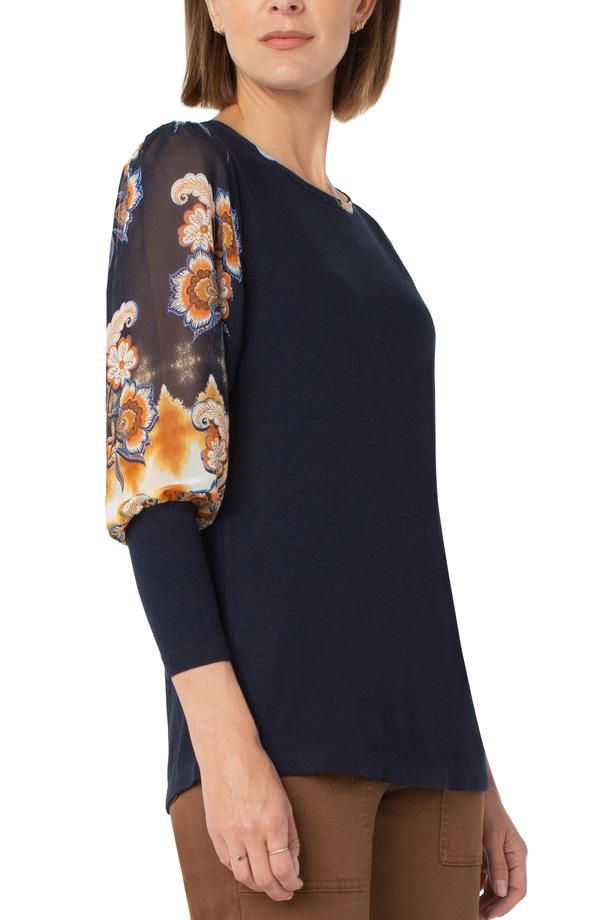 KNIT TOP WITH WOVEN LONG SLEEVES