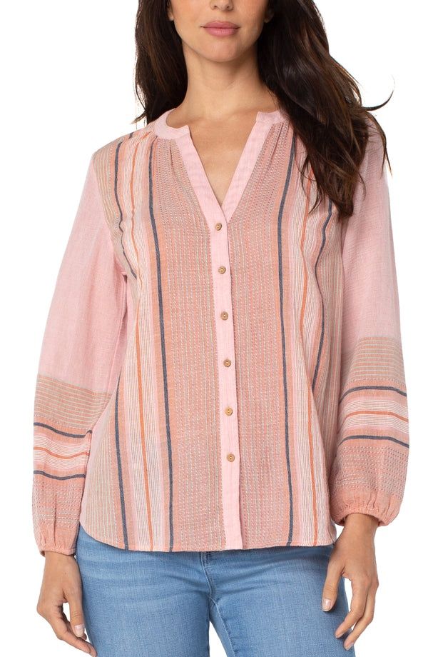 BUTTON FRONT SHIRRED BLOUSE