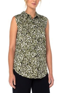 SLEEVELESS BUTTON FRONT SHIRT WITH INVERTED PLACKET