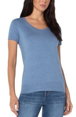 SCOOP NECK SHORT SLEEVE SWEATER WITH PIQUE