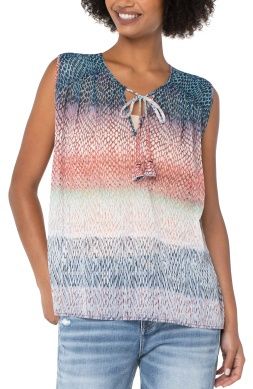 Tie Front Shirred Sleeveless Blouse