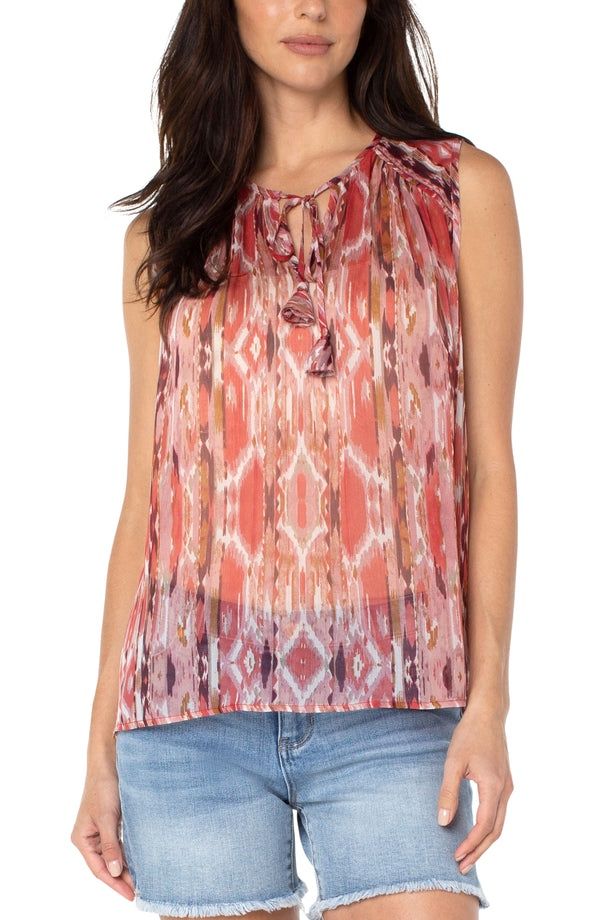 SHIRRED SLEEVELESS BLOUSE WITH NECK TIES