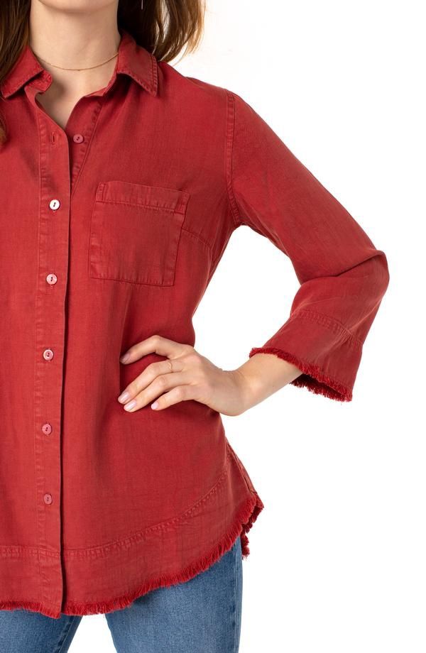Fray Hem Button Up Shirt-Terra Rouge