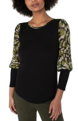 knit to woven long sleeve pullover top