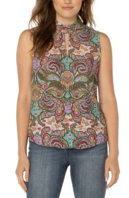 Woven Mock Neck Keyhole Top