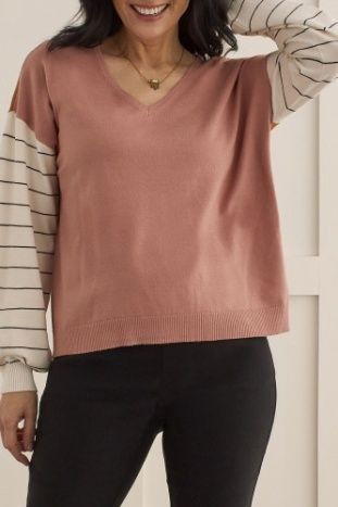 L/S V Neck Color Block Sweater