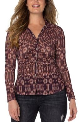 Long Sleeve Print Mesh Button Front Knit