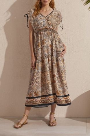 BORDER PRINT MAXI DRESS W/ SHLDR TIE