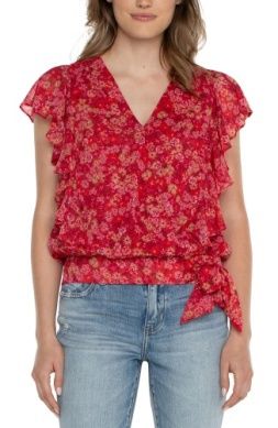 ruffle sleeve draped front top w/ waist tie