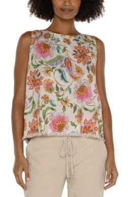 slvless woven top w button back &amp; fray hem
