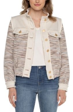 Cropped Denim Boucle Mix Fray Jacket