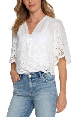 Embroidered Tie Front Woven Top