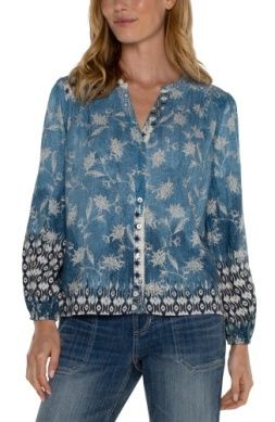 Long Slv Button Front Shirred Woven Top