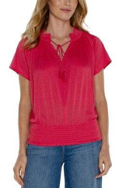Raglan Knit Top w/ Smocking Neck Tie